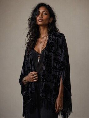 Boho Velvet Burnout Floral Kimono One Size Black Sheer Shawl
